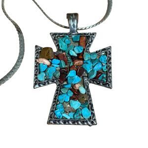 Vintage Large Turquoise Tigers Eye Silver Tone Cross Pendant Charm w/ Chain